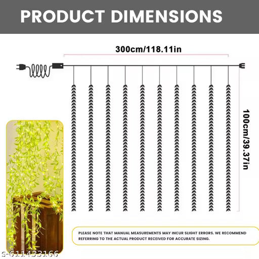 Artificial Leaf Curtain String Lights – 180 LED Warm White Fairy Lights, 3x1m, Plug-in with 8 Lighting Modes for Home, Bedroom, Wedding, Party, Diwali, Christmas & Festival Décor