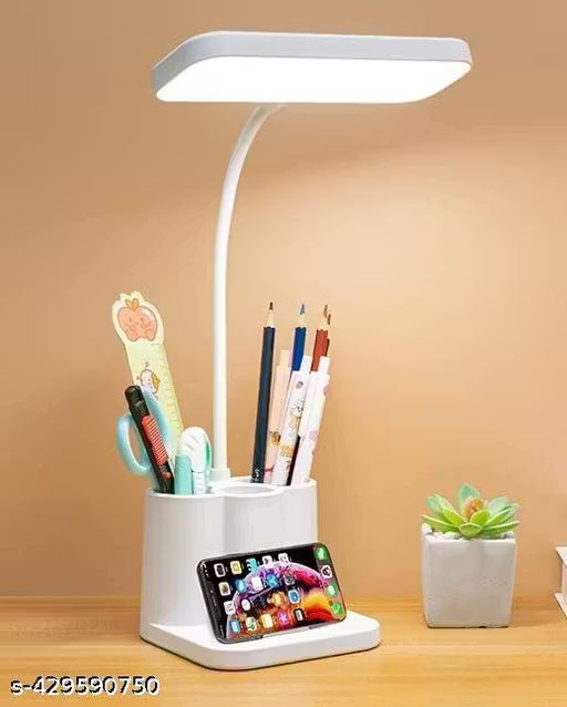 3 Color Table Lamp Rechargeable for Study with Phone Holder Flexible Arm Touch Light with Stepless Dimming, Desk Lamps with Pen Holder, White