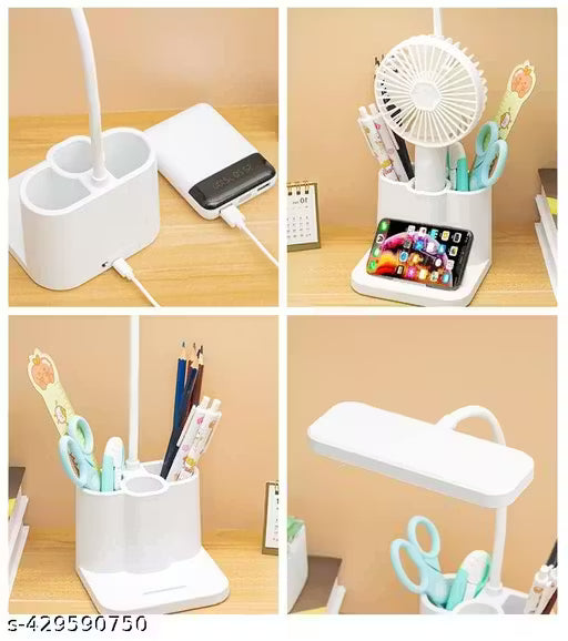 3 Color Table Lamp Rechargeable for Study with Phone Holder Flexible Arm Touch Light with Stepless Dimming, Desk Lamps with Pen Holder, White