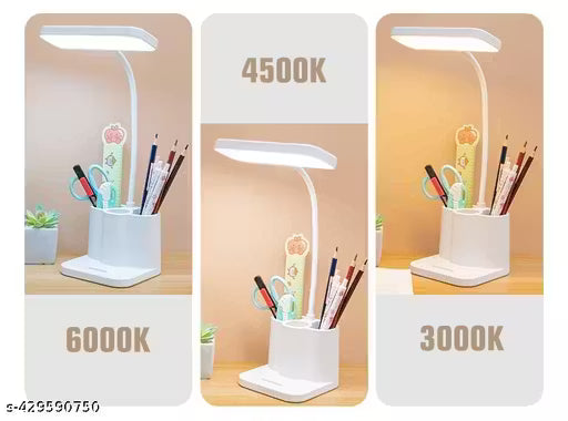 3 Color Table Lamp Rechargeable for Study with Phone Holder Flexible Arm Touch Light with Stepless Dimming, Desk Lamps with Pen Holder, White