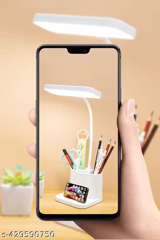 3 Color Table Lamp Rechargeable for Study with Phone Holder Flexible Arm Touch Light with Stepless Dimming, Desk Lamps with Pen Holder, White